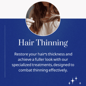 Poster showcasing solutions for hair thinning, featuring advanced treatments and expert care to restore fuller, healthier hair.
