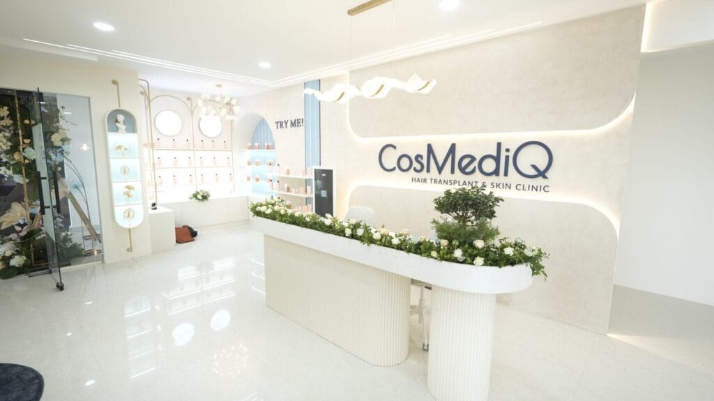 Modern and serene interiors of CosMediQ Whitefield clinic in Bangalore, offering a relaxing atmosphere for advanced dermatology and hair care services.